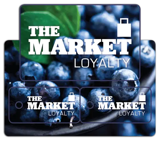 Plastic loyalty cards for grocery or convenience store featuring a single break-off card and two key tags.