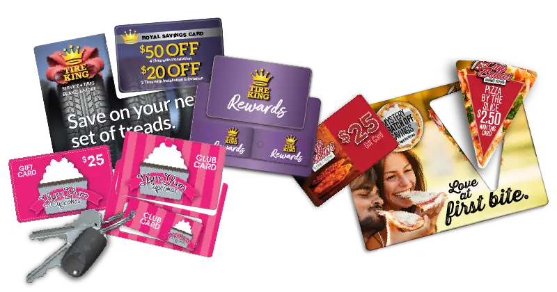 Assorted products including Tire Shop Acclaim plastic postcard with single break-off card, Tire Shop loyalty card, Cup Cake bakery gift card and loyalty card, pizzeria gift card and Acclaim Plastic postcard with pizza shaped pop-out card.