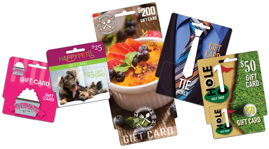 Assorted small, mid-size, and large hanging display gift cards for a cup cake bakery, pet store, restaurant, men's retail shop and golf sporting goods store.
