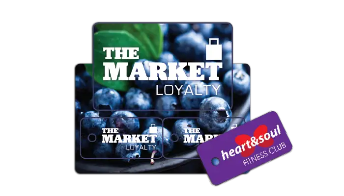 Loyalty card featuring a break-off wallet card with two key tags for a grocery or convenience store, along with a standalone key tag for a fitness club.