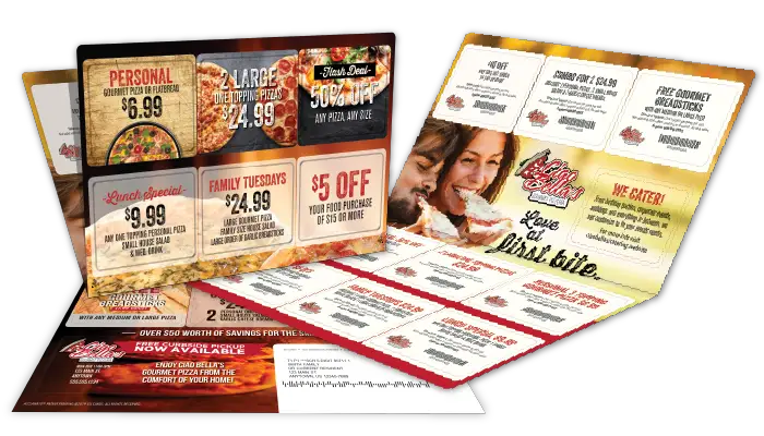 Acclaim10™ jumbo size folding laminated self mailer with ten pop-out offer cards featuring a pizza restaurant