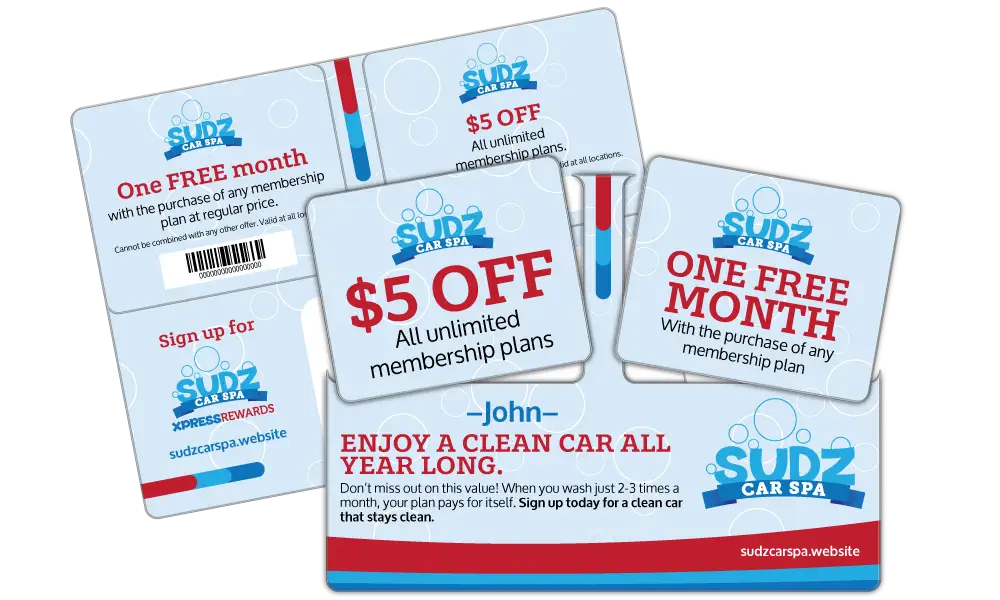 Car Wash AcclaimMailer™ direct mail plastic postcard, showcasing both front and back, with two detachable offer cards.