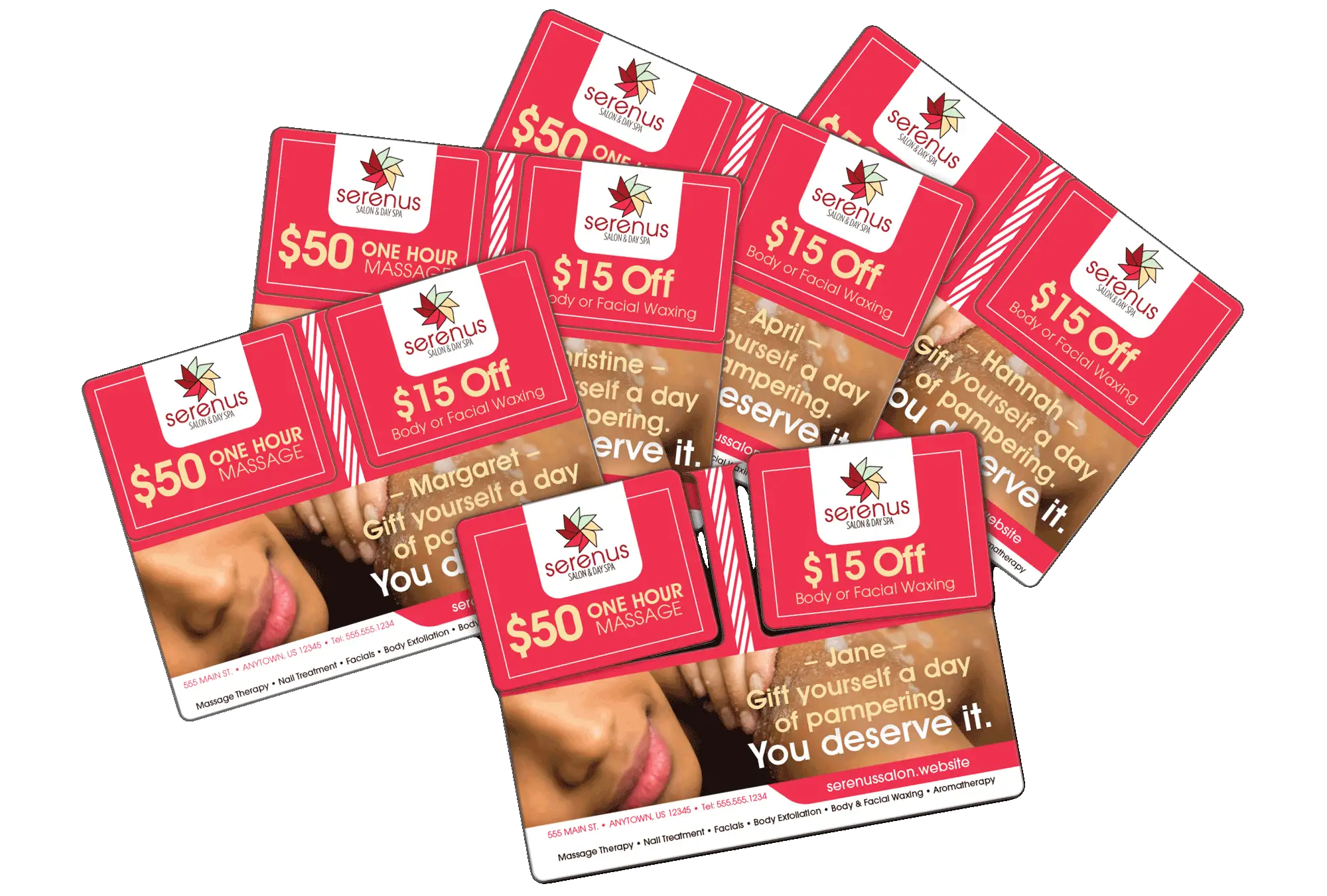 Day Spa AcclaimMailer™ direct mail plastic postcards, fanned out to showcase variable data.