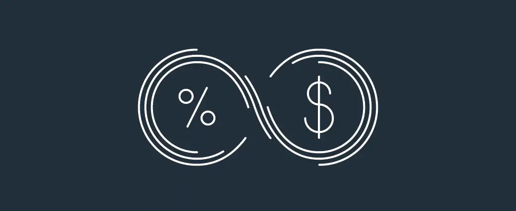 ROI concept percentage sign and dollar sign inside an infinity symbol.