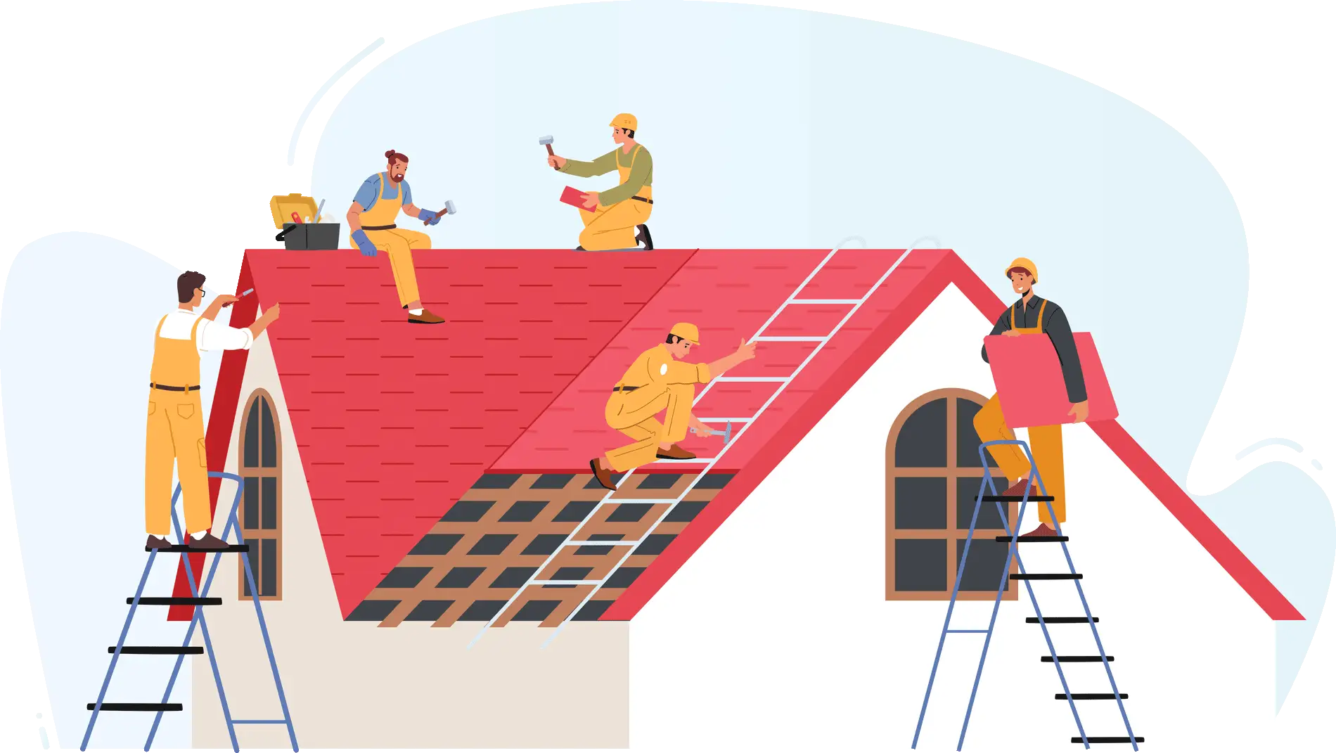 Roofing contractors installing new shingles on a home rooftop