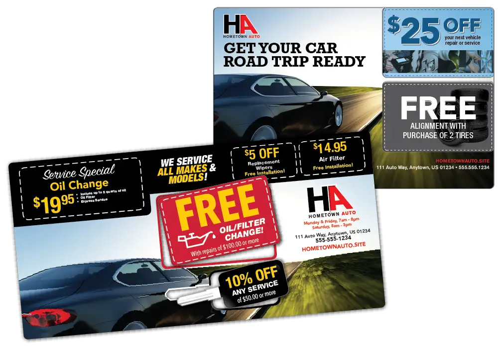 Auto Service AcclaimMailer™ jumbo featuring two break off cards and Extra Large jumbo plastic postcard with one pop out card and key shaped pop out card.