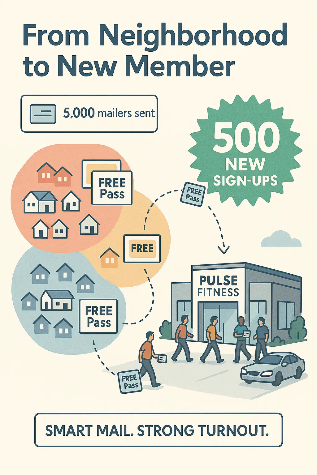 Infographic titled 'From Neighborhood to New Member' showing a fitness gym AcclaimMailer™ direct mail campaign results: 5,000 mailers with free passes sent to local homes, leading to 500 new gym sign-ups.