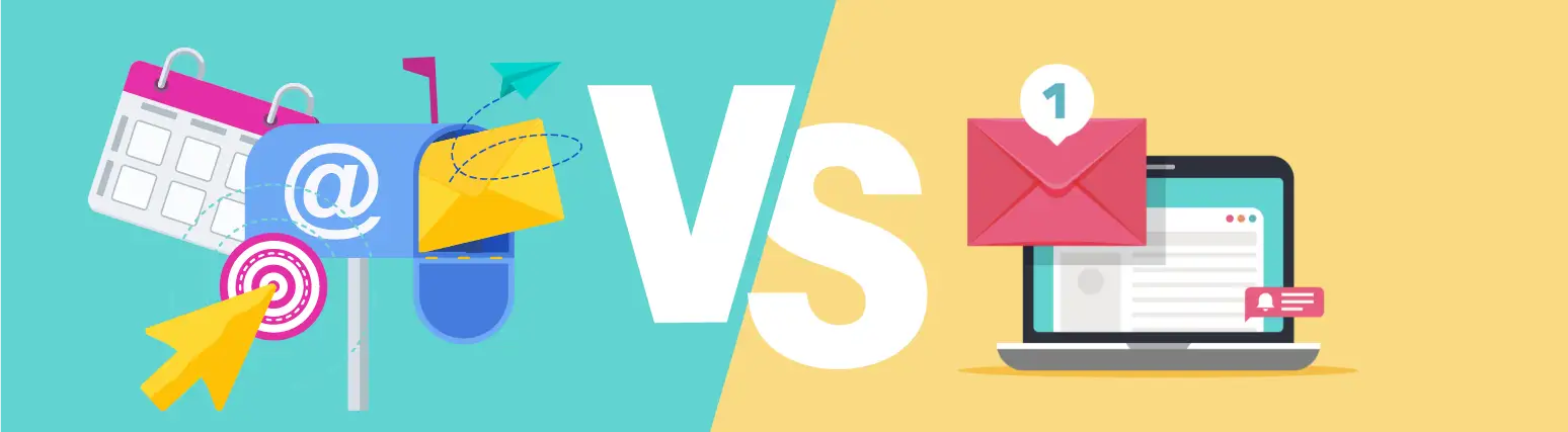 Split-screen illustration comparing direct mail marketing—represented by a mailbox—versus digital marketing, shown as a laptop with an email notification, with a bold 'VS' in the center.