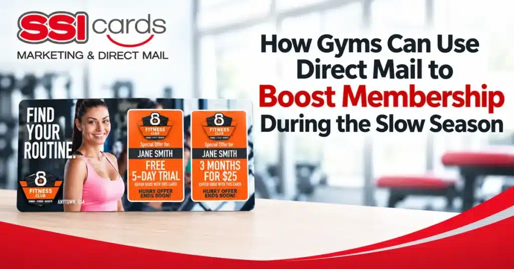 Direct mail gym membership postcard campaign featuring personalized fitness club mailers designed to boost gym memberships during the slow season