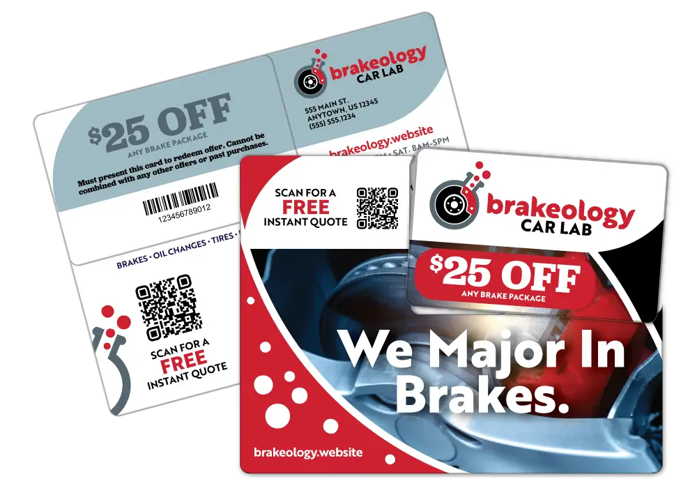 Brake Shop direct mail plastic postcard with one offer