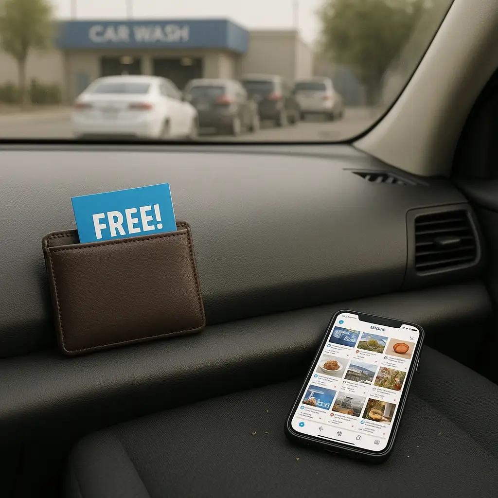 View from inside a car showing a leather wallet on the dashboard with a free car wash coupon visible, while the car waits in line at a car wash; a smartphone rests on the passenger seat.