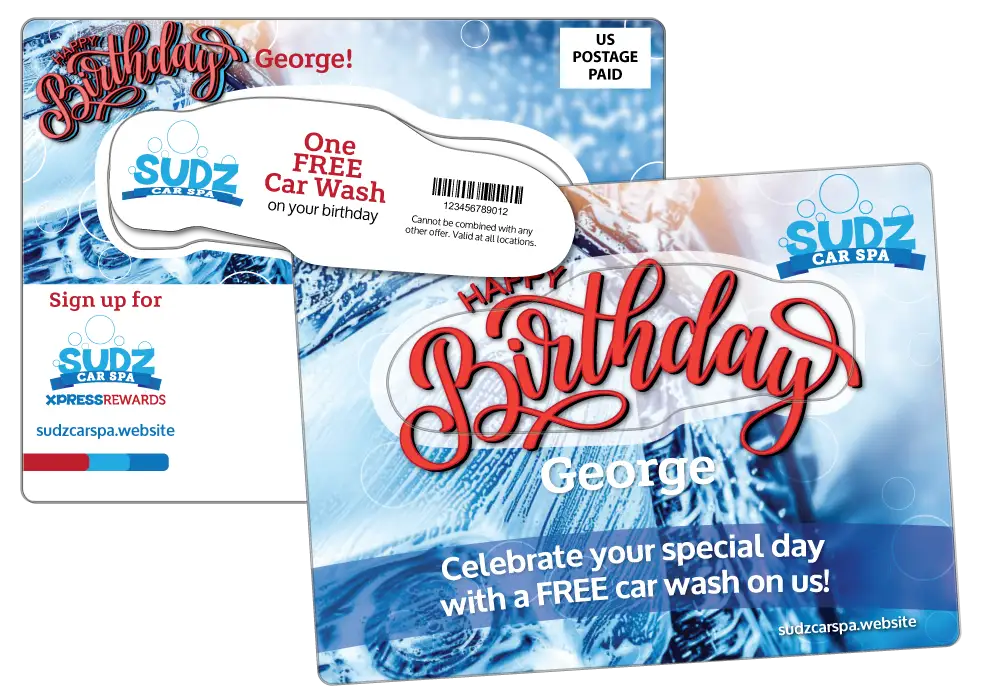 AcclaimMailer™ plastic postcard for car wash birthday promotion featuring a car-shaped pop-out for a free wash.