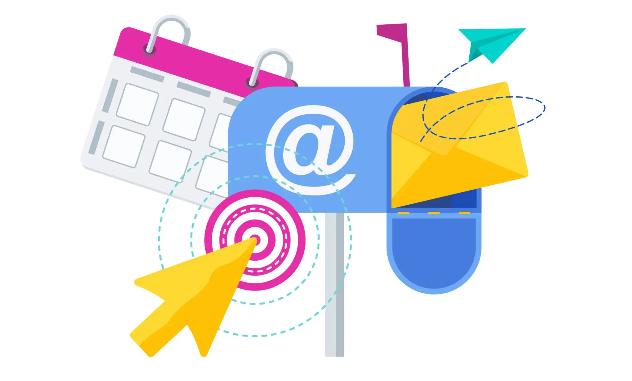 Email marketing illustration with @ symbol, envelope, calendar, target, and paper plane elements