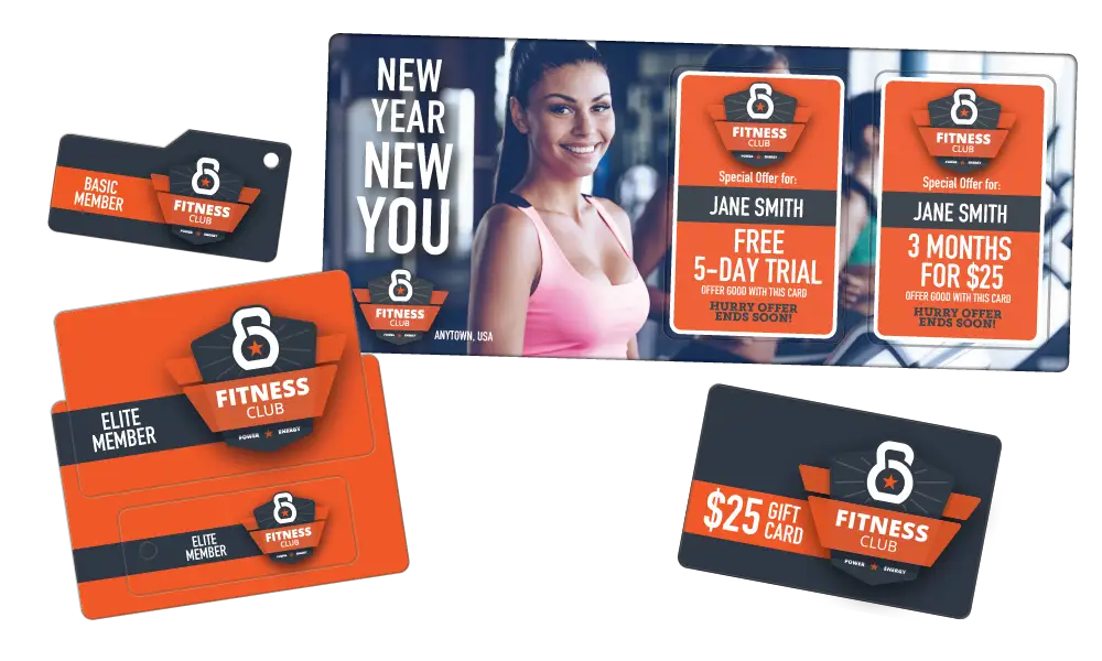 Fitness Gym AcclaimMailer™ direct mail plastic postcard, single key tag and key tag/card combo membership cards and gift card