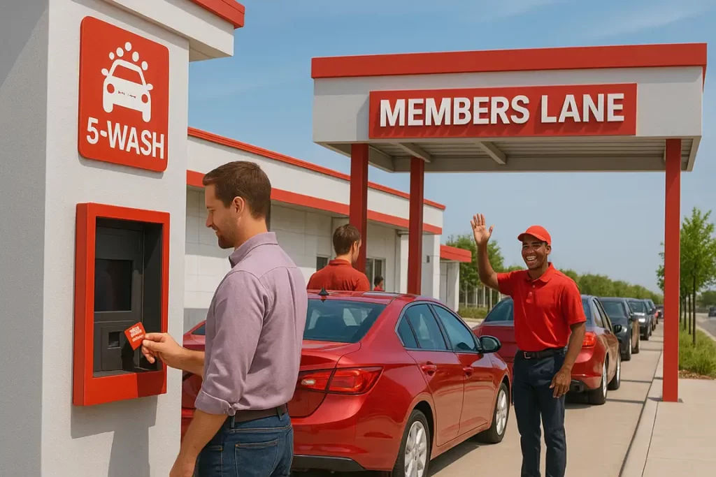 Man using car wash membership at kiosk in members lane.