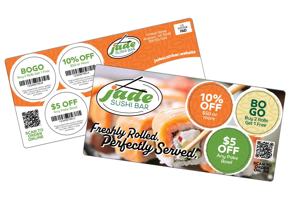 Sushi restaurant Acclaim™ direct mail plastic postcard with three circular pop-out offers