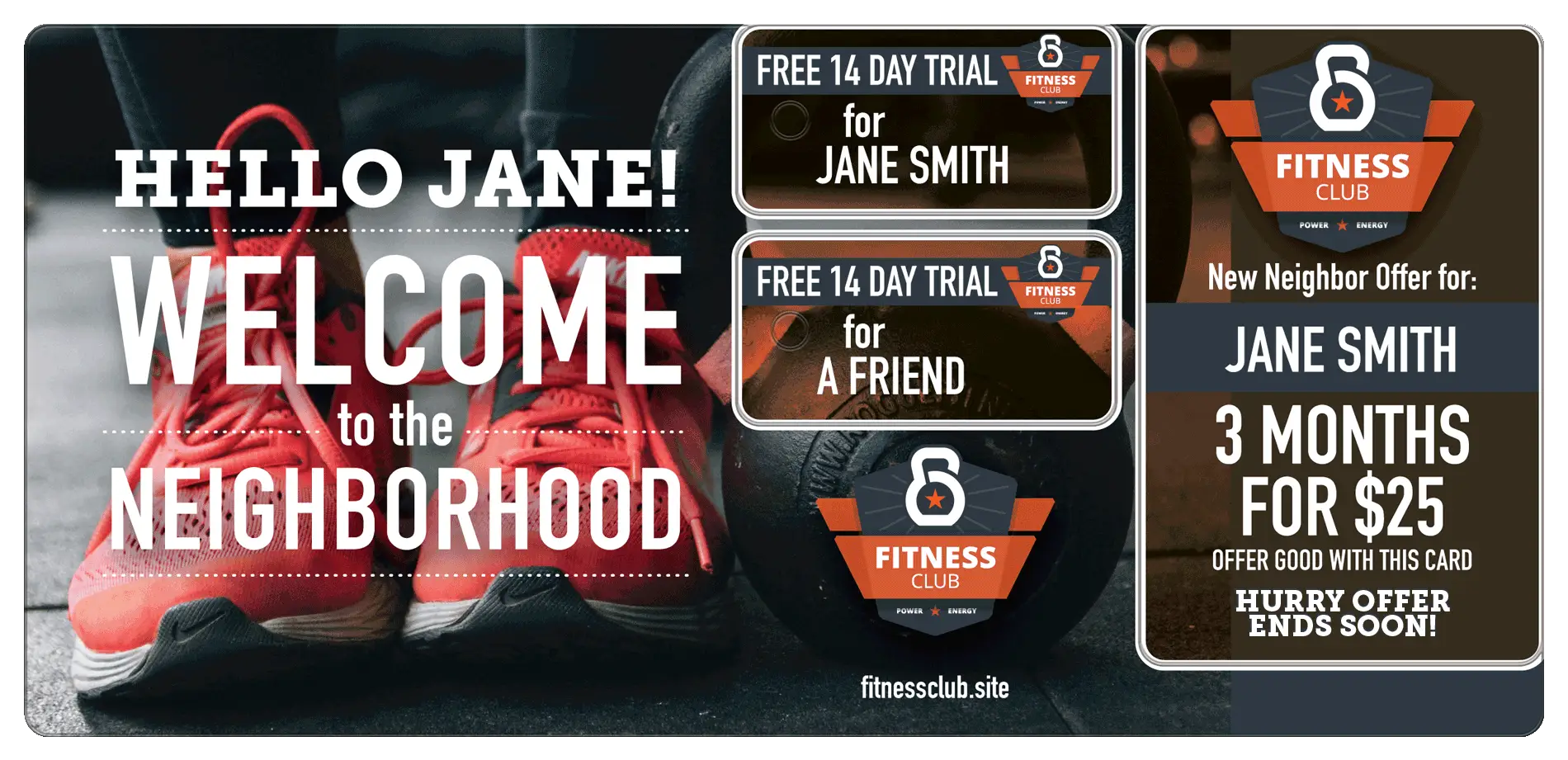 Personalized Fitness Gym AcclaimMailer™ direct mail plastic postcard for new movers.