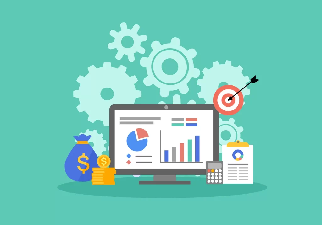 ROI concept graphs and chart on a computer screen, gears in the the background.