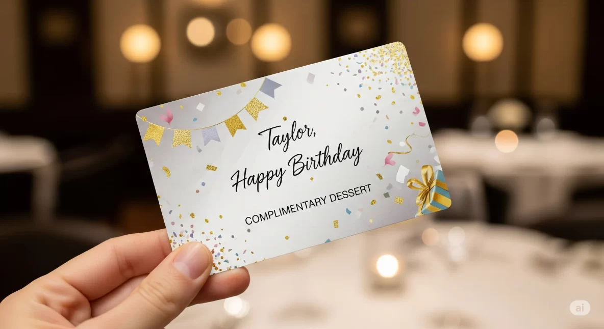 A person's hand holding a 'Taylor Happy Birthday- Free Dessert' card in the foreground, surrounded by warm ambient lighting.