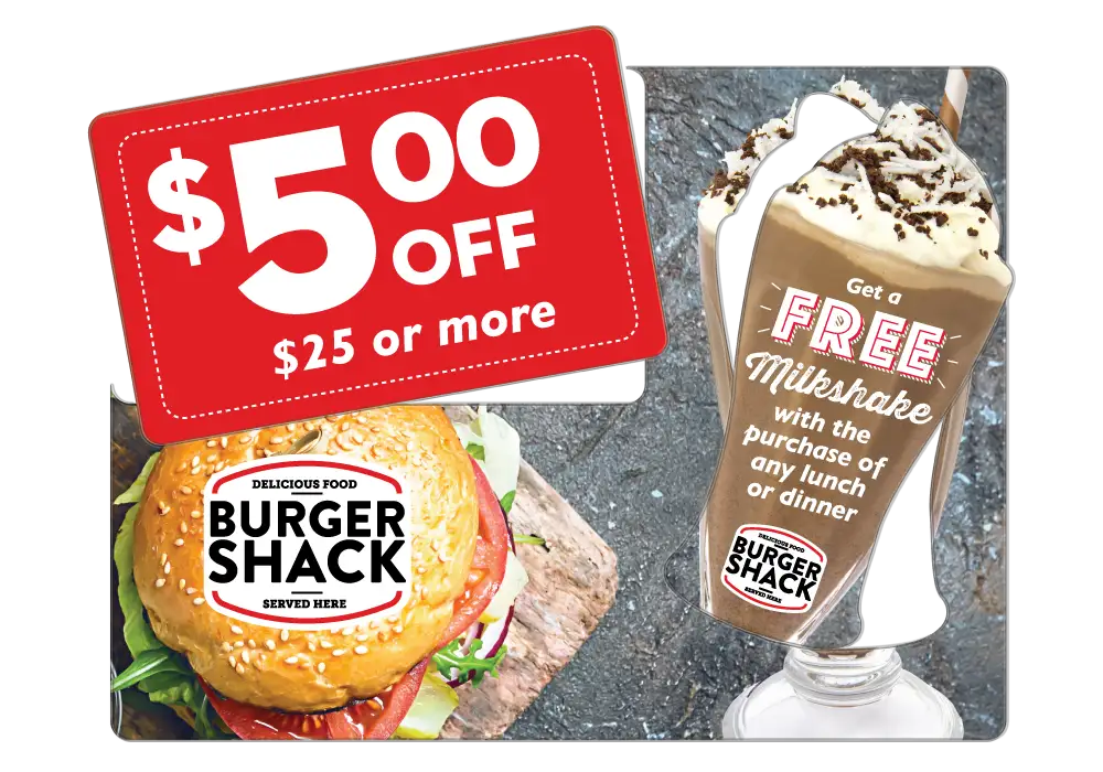 Burger Restaurant AcclaimMailer™ direct mail plastic postcard with $5 off coupon and milkshake shaped pop out card for a free milkshake