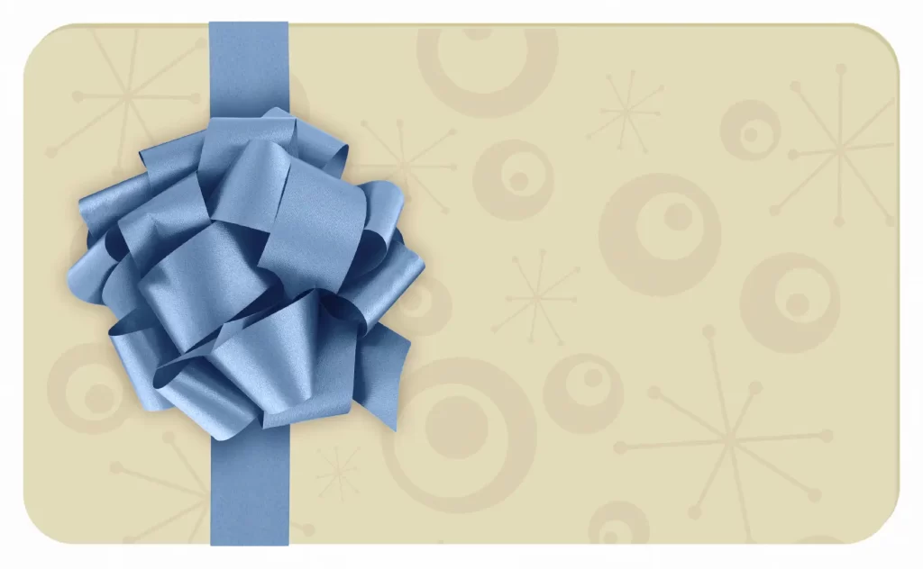 Gift card wrapped with a blue bow.