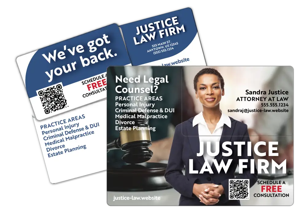 Law office attornery Acclaim™ direct mail plastic postcard with break-off business card and offer for free consultation.