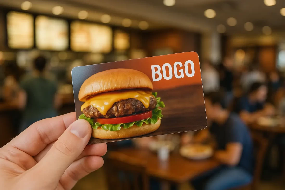 A person's hand holding a 'BOGO' promotion card for hamburger in the foreground, surrounded by warm ambient lighting.