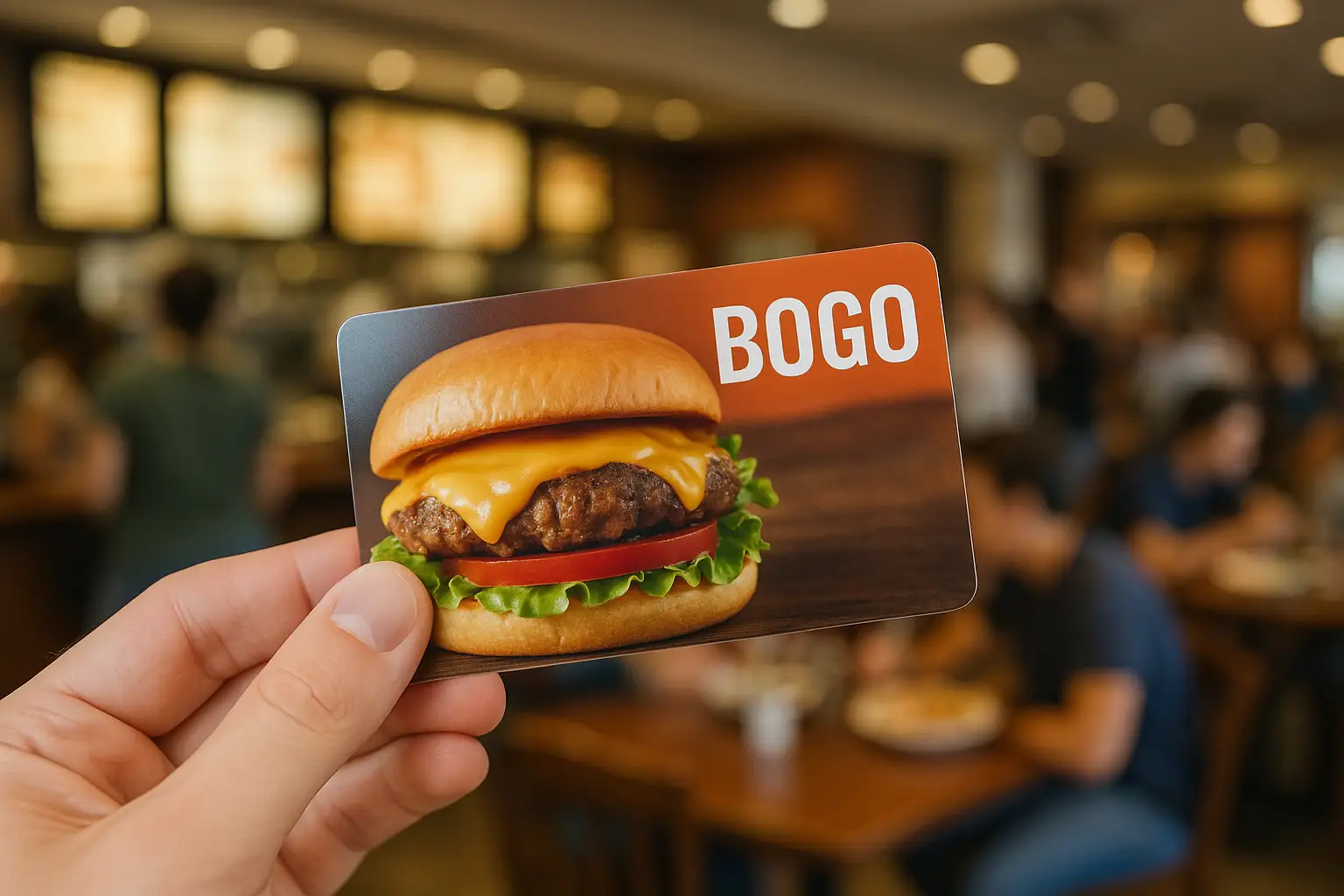 A person's hand holding a 'BOGO' promotion card for hamburger in the foreground, surrounded by warm ambient lighting.