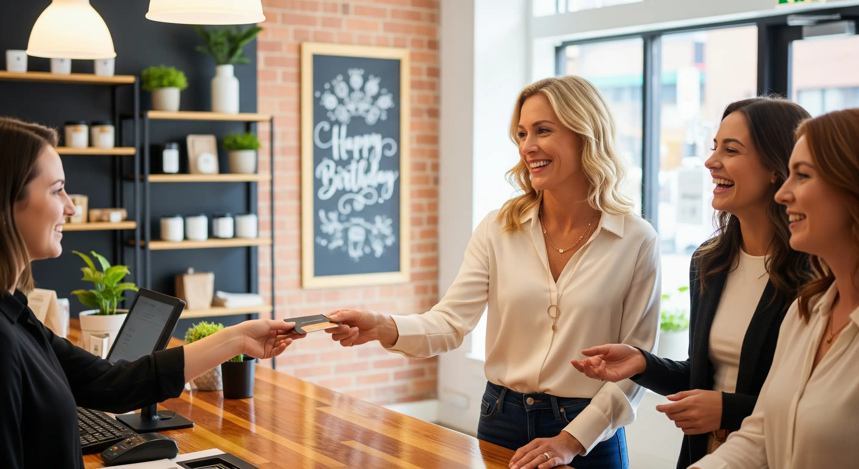 Women at a coffee shop counter using a promotional offer card for payment, with birthday decorations, product shelves, and plants in the background.