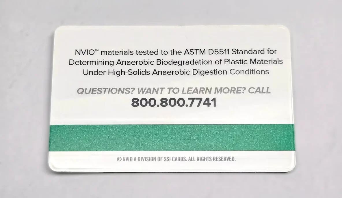 NVIO biodegradable gift card back featuring a green bio magnetic stripe.