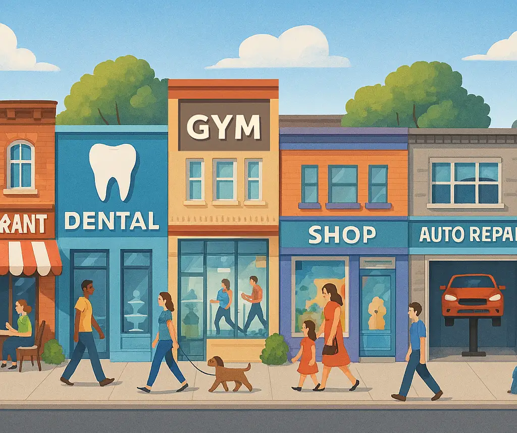 Illustration of a vibrant town street with a restaurant, dental clinic, gym, retail shop, pet groomer, auto repair shop, and car wash, all on the same side of the road