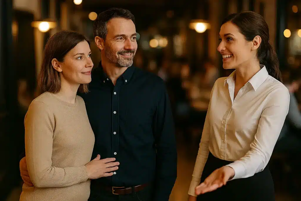 Couple entering restaurant welcomed by a hostess.