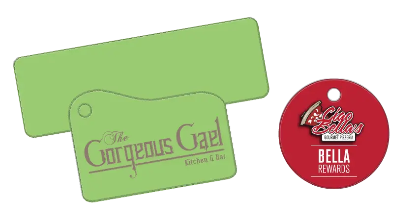 Custom shaped keytags for a restaurant and pizzeria.