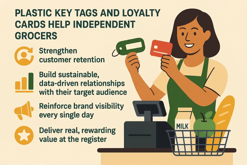 mage that visually represents how plastic key tags and loyalty cards help independent grocers: Strengthen customer retention Build sustainable, data-driven relationships Reinforce brand visibility daily Deliver real, rewarding value at the register