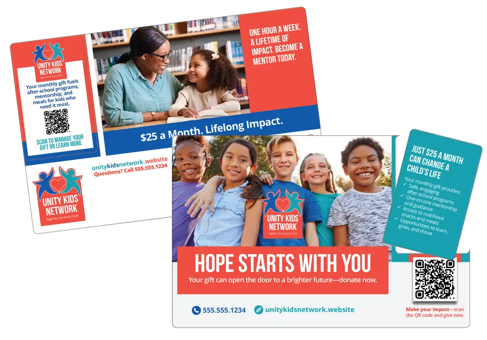 Non-Profit Acclaim™ direct mail plastic postcard with break-off card call to action and two QR codes