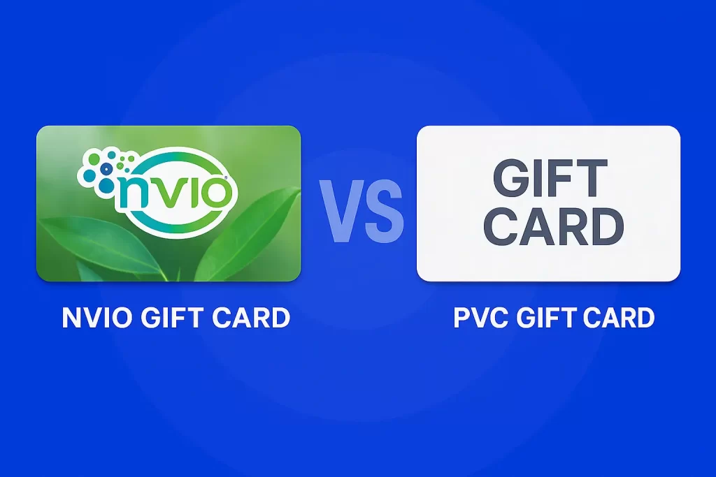 Graphic showing an NVIO™ biodegradable gift card versus a PVC gift card.