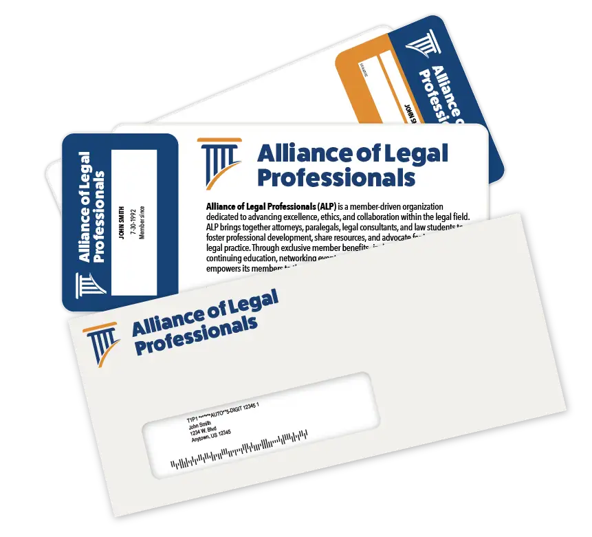 One card mailer with matching envelope for a legal professional organization