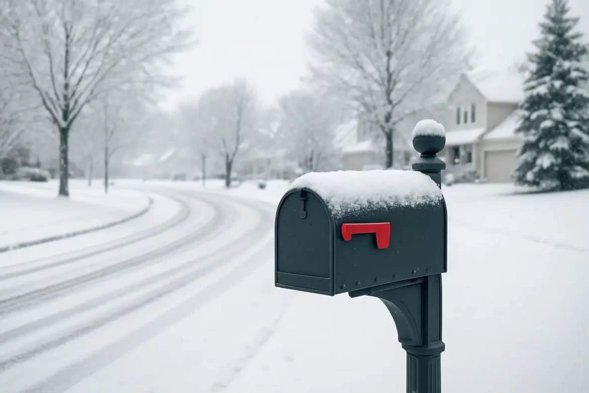 Wintery scene showing mailbox covered with snow.