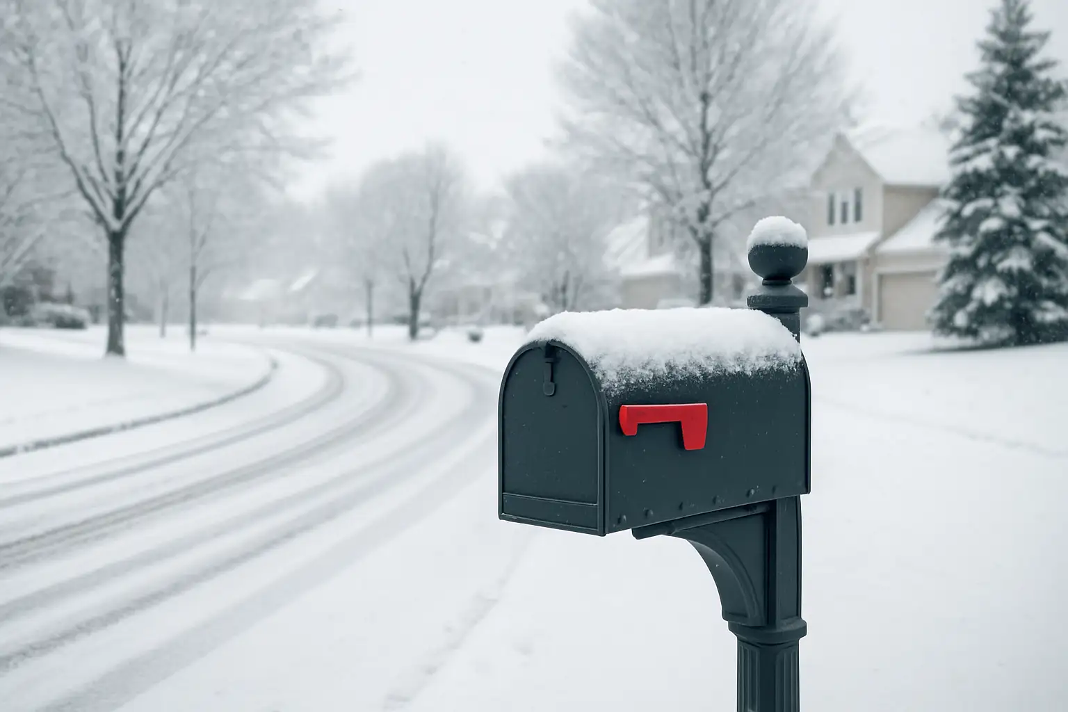 Wintery scene showing mailbox covered with snow.