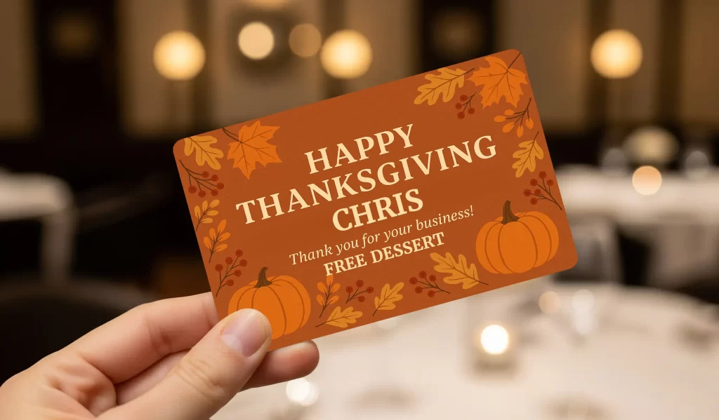 A person's hand holding a 'Happy Thanksgiving Chris-Thank you for your business' promo gift card in the foreground, surrounded by warm ambient lighting.