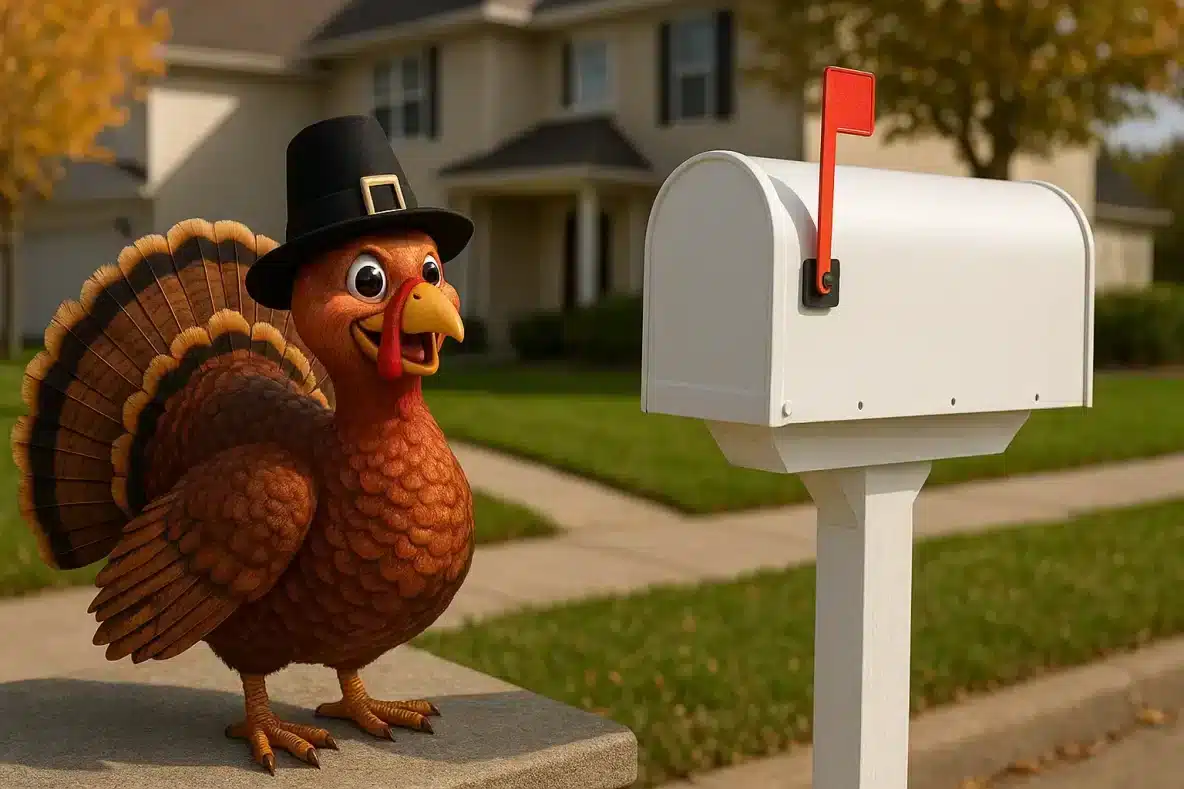 Thanksgiving turkey next to mailbox concept of customer appreciation for Thanksgiving holiday