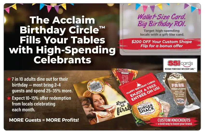 Acclaim Birthday Circle™ birthday mailer campaigns to increase foot traffic to restaurants.