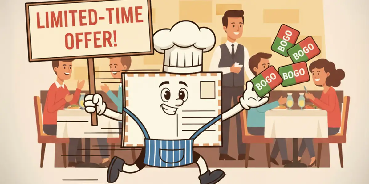Buy One Get One restaurant deal graphic featuring animated postcard character in chef hat promoting limited-time offer.