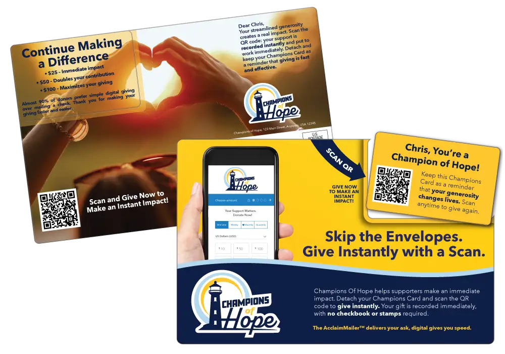 Non-Profit Acclaim™ direct mail plastic postcard with break-off card call to action and two QR codes