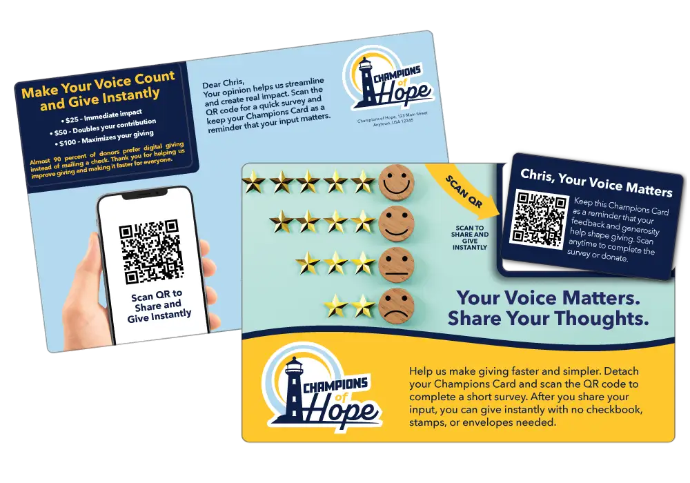 Non-Profit Acclaim™ direct mail plastic postcard with break-off card and QR code survey