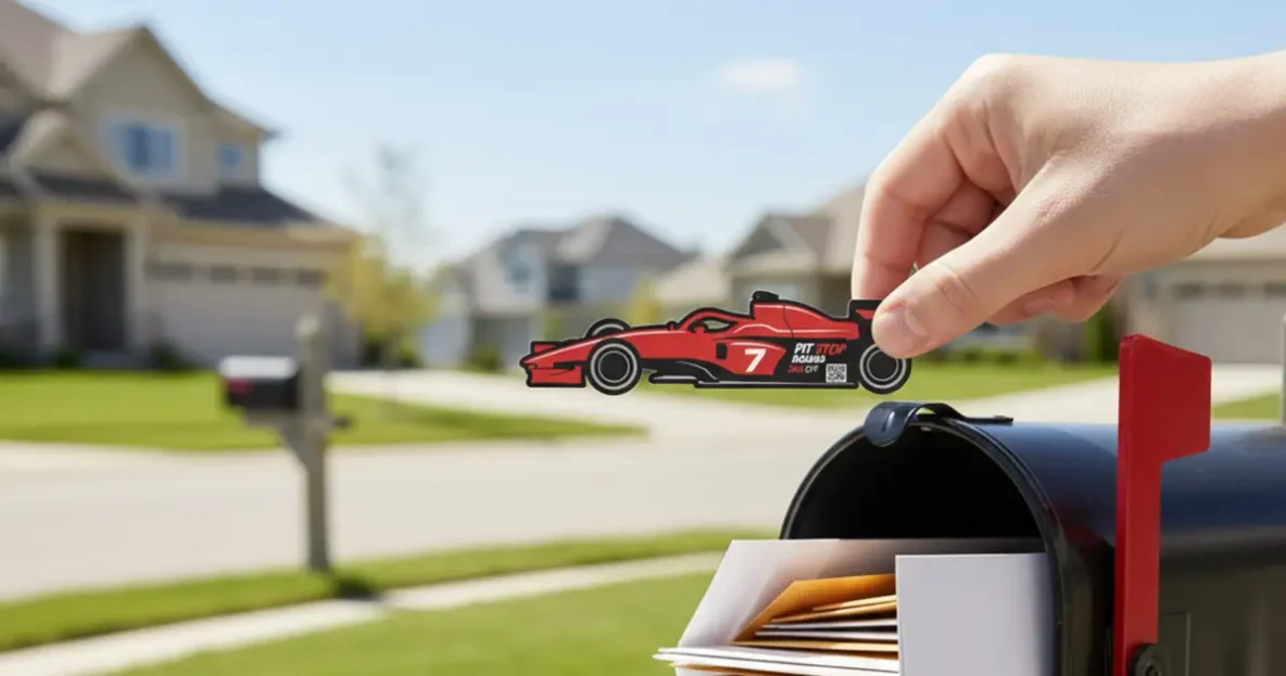 Hand holding xar-shaped direct mail near a mailbox.