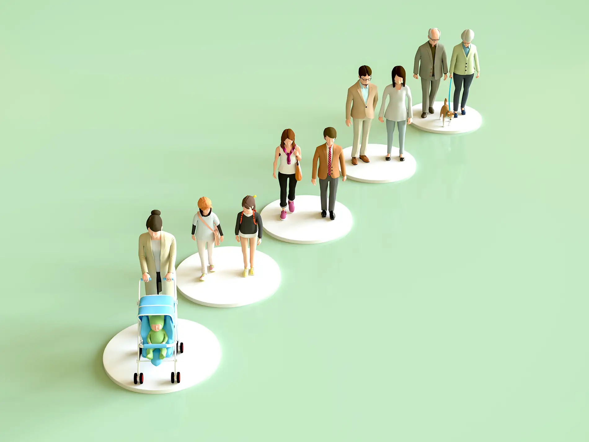 Different generations standing in a line.