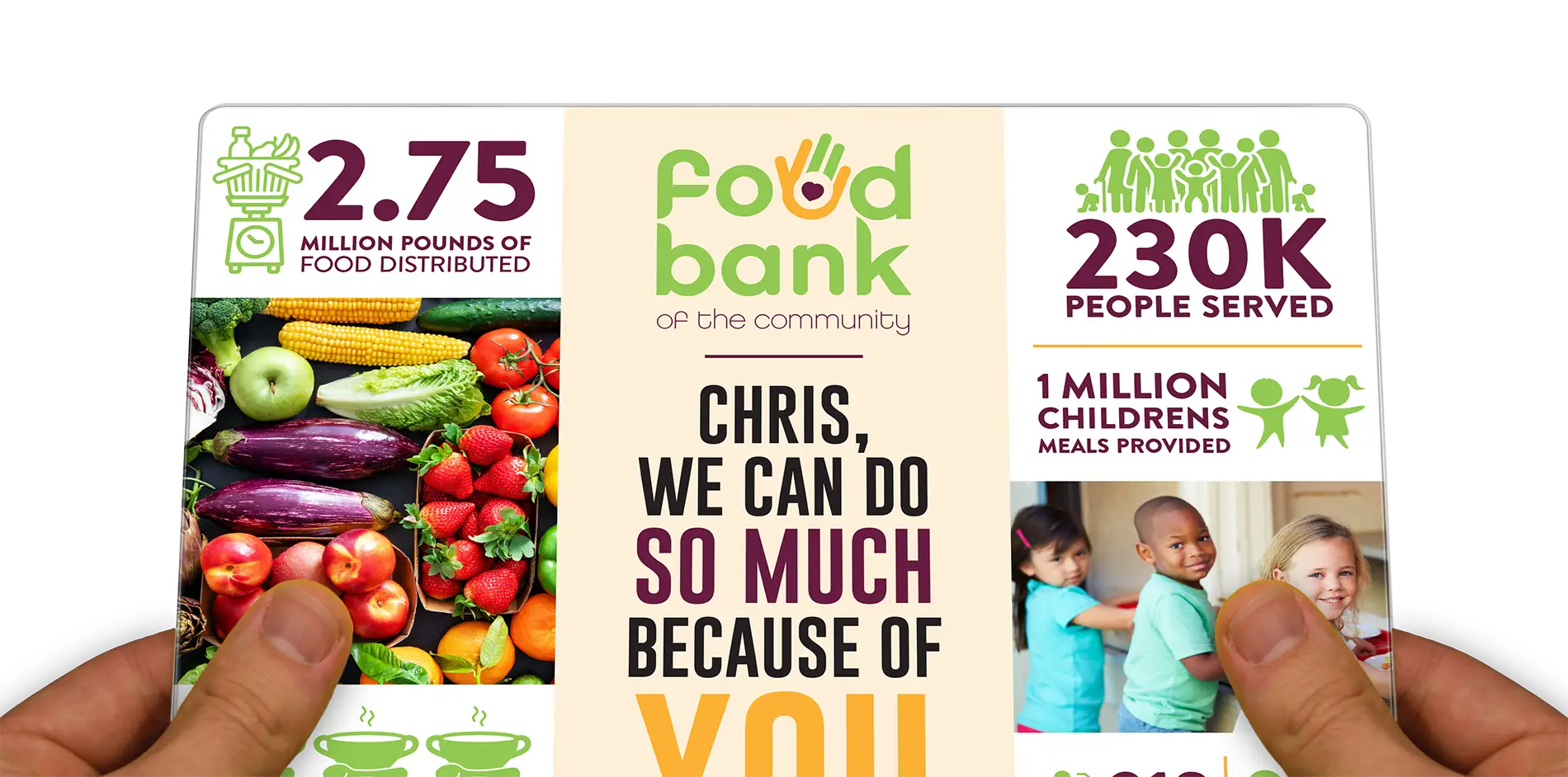 Person holding a personalized AcclaimMailer™ plastic postcard promoting a nonprofit food bank fundraising campaign.