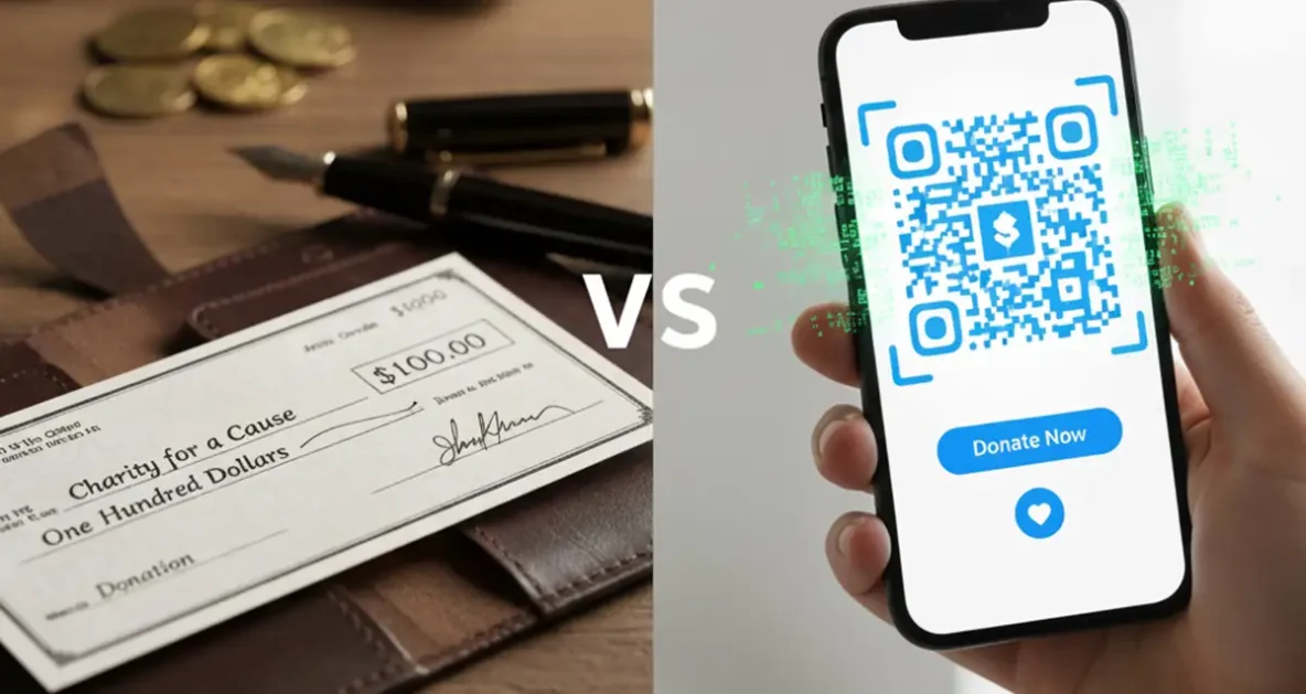 Traditional check donation versus mobile QR code payment for charity fundraising, highlighting digital giving trends.