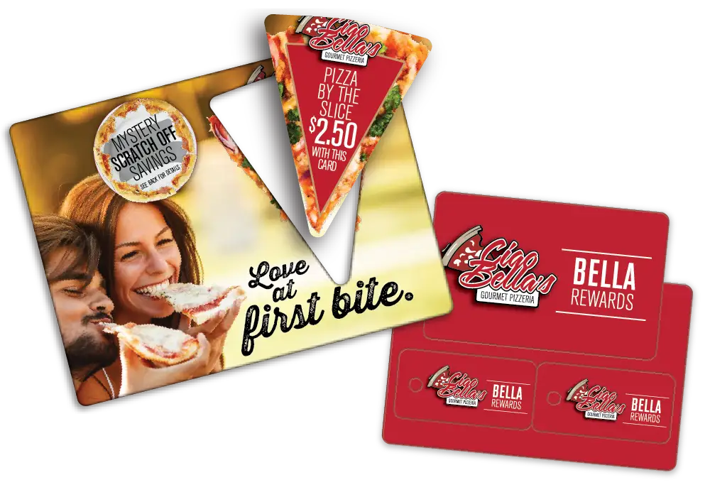 AcclaimMailer™ with pizza slice shaped pop-out card and Loyatly Card for a pizza restaurant